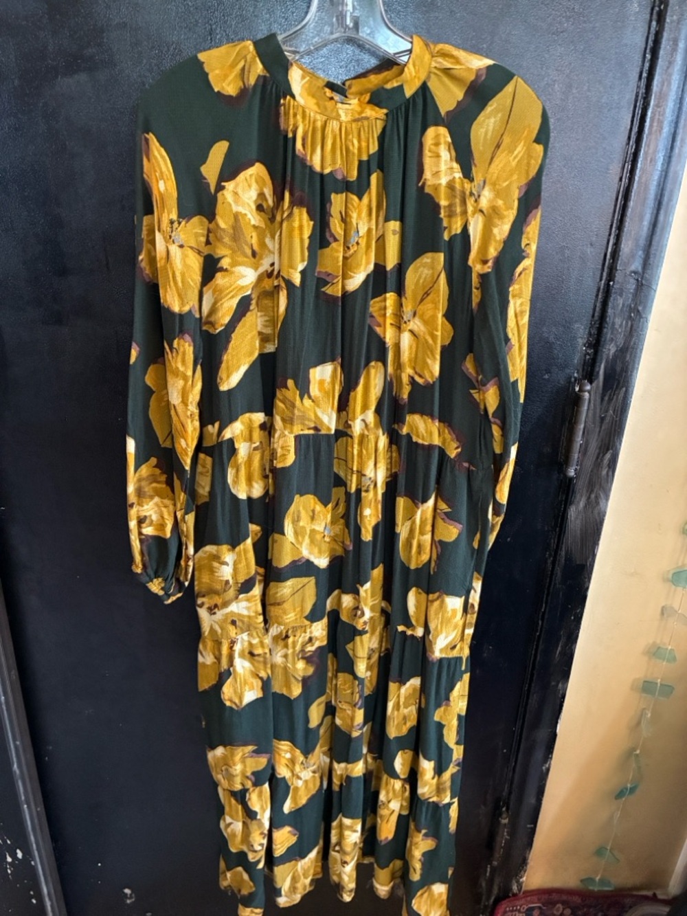 a new day Dark Green Long Sleeve Dress with Yellow Floral Print